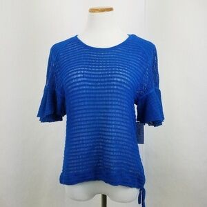 Free People Top Womens Large Blue "Babes Only Tee" Crochet Drawstring Waist